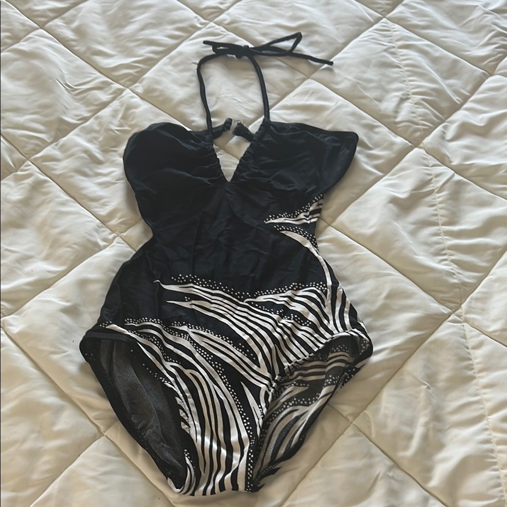 Vintage Black and White Zebra Pattern Halter Style Neck Tie One Piece Swimsuit